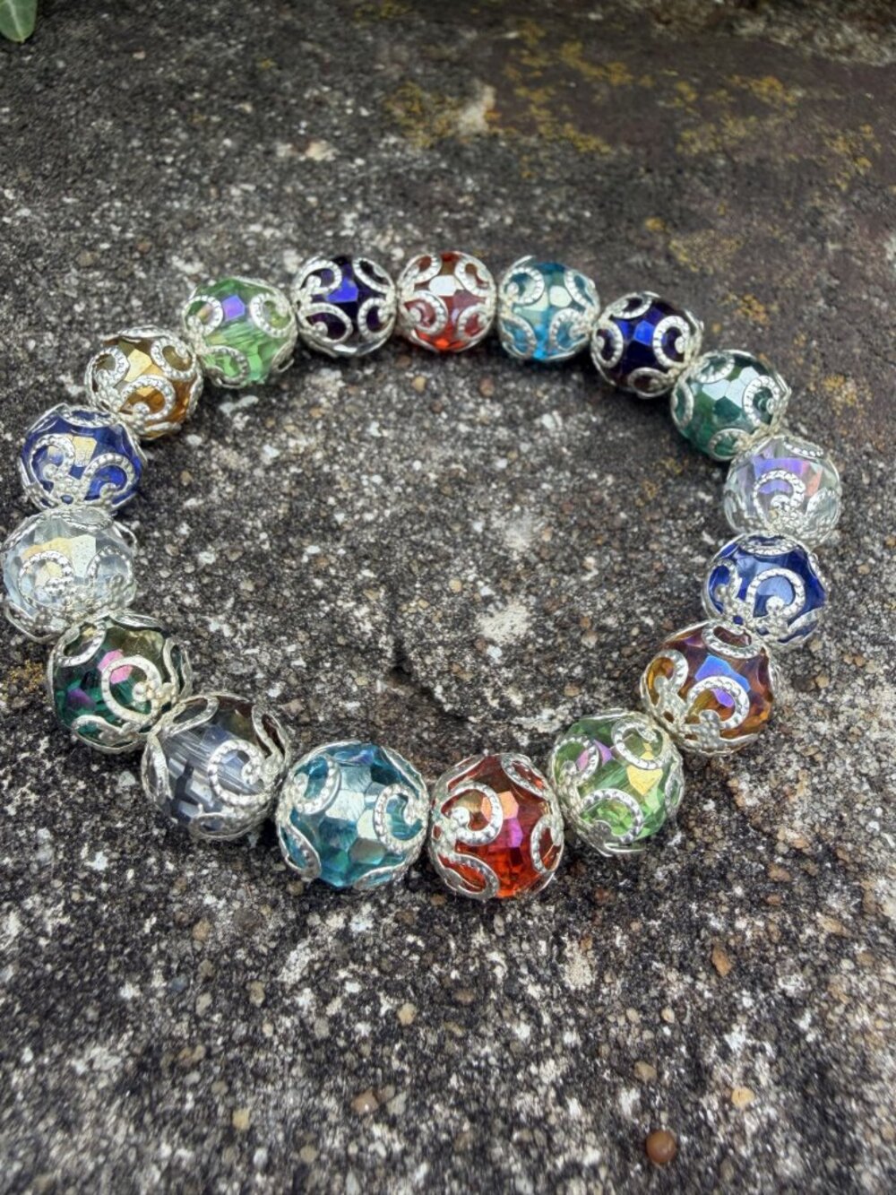 Vintage Aurora Borealis Crystal Bracelet Rainbow AB Beads Silver Filigree Caged